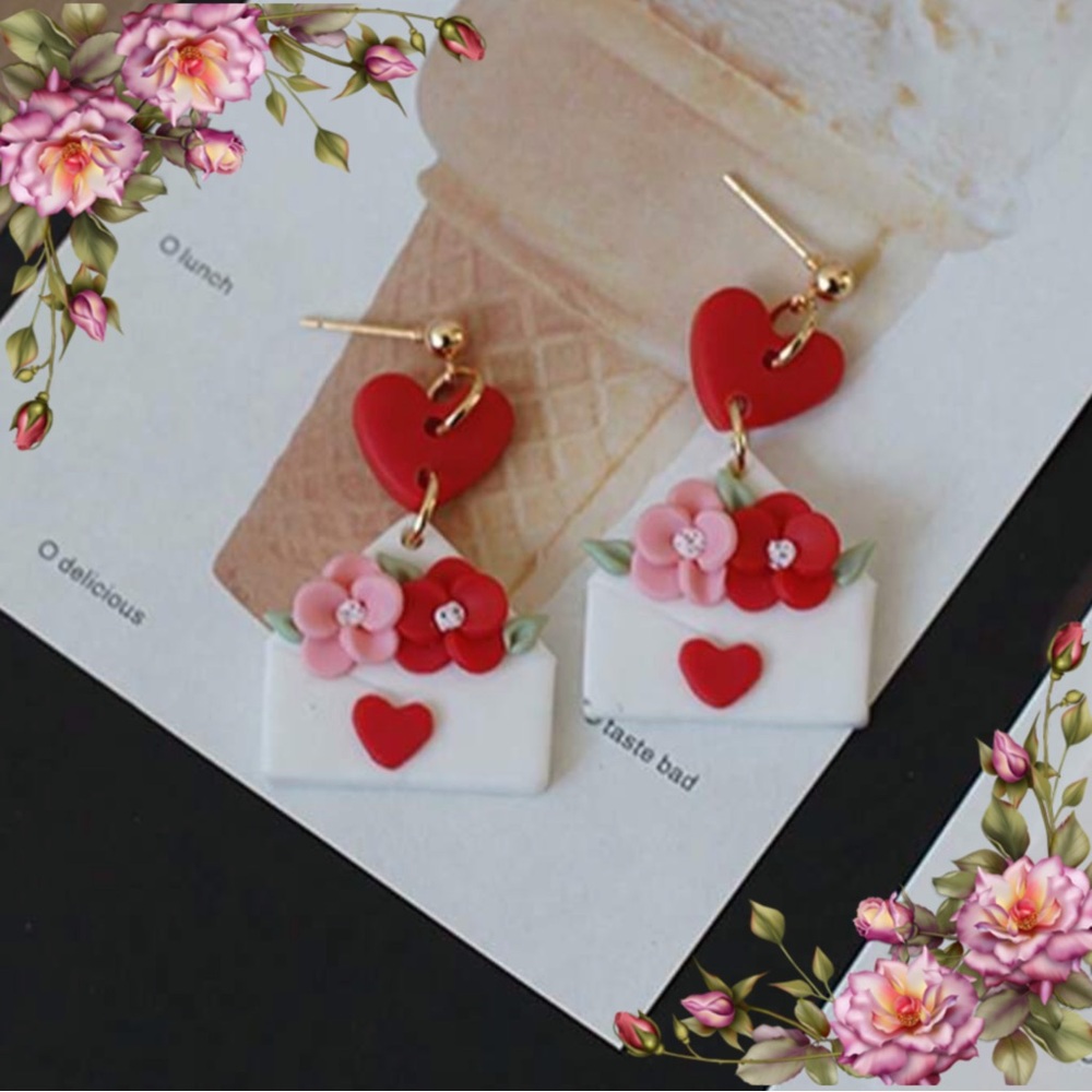 Heart and Flower‎ Dangle envelope drop Earrings